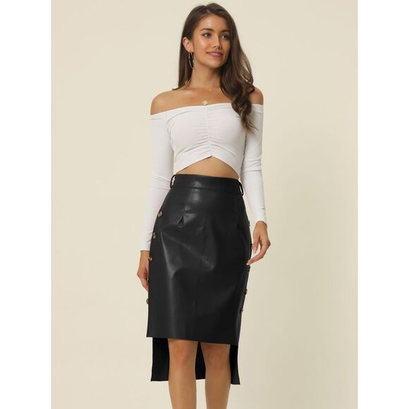 High Low Skirt Belted High Waist Side Button Decor Leather Skirt Black - Picture 3 of 6